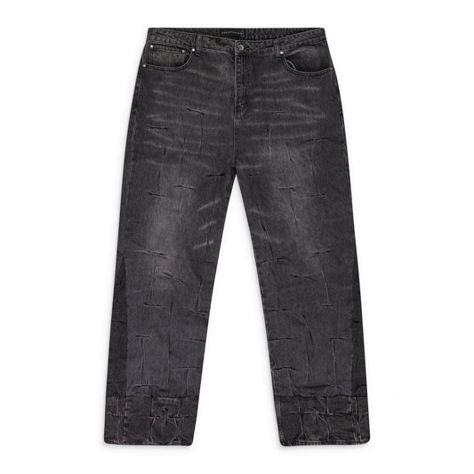 BLACK GATHERED STRAIGHT-FIT JEANS