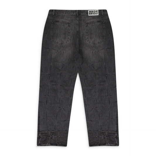 BLACK GATHERED STRAIGHT-FIT JEANS
