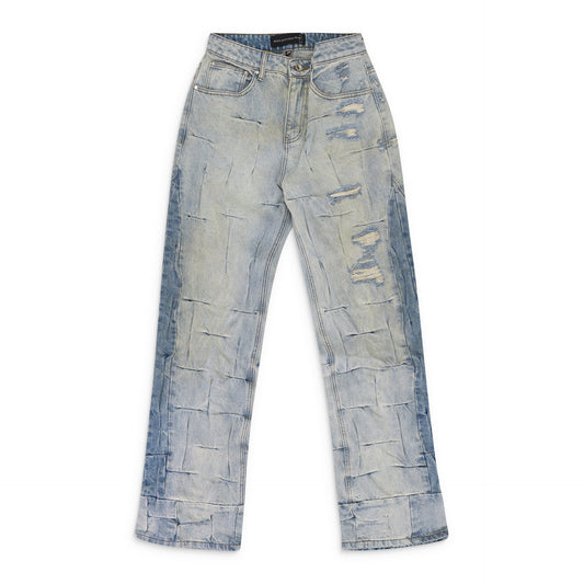 BLUE GATHERED STRAIGHT-FIT JEANS
