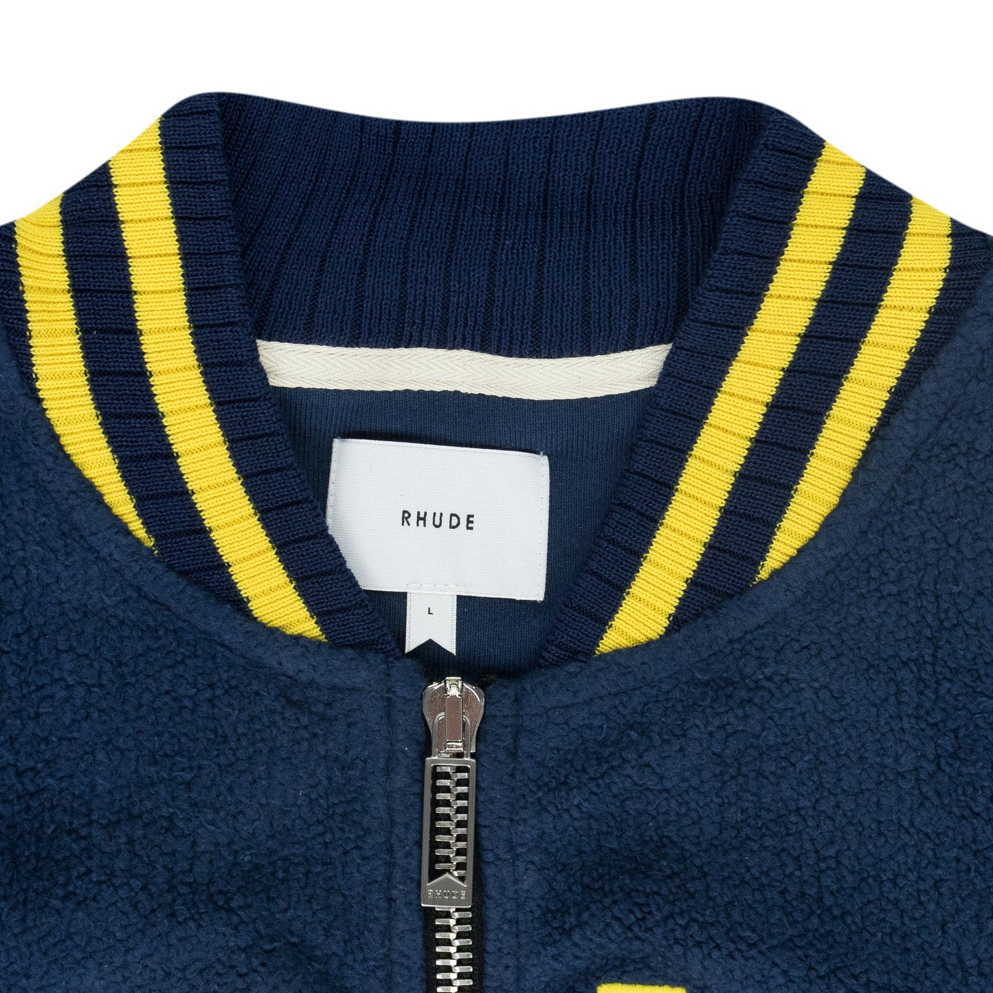 NAVY OVERSIZED LOGO TERRY VARSITY JACKET