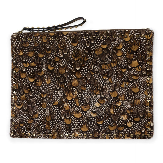 Brown Feather Rockstud Zip Pouch