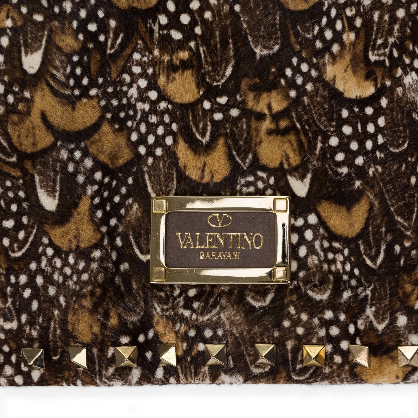 Brown Feather Rockstud Zip Pouch